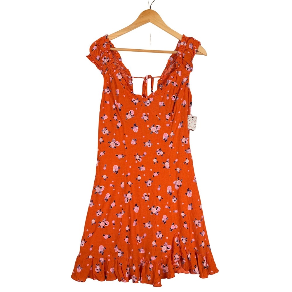 Free People Like a Lady Orange Floral Polka Dot Tie Back‎ Mini Dress Med NWT - Picture 3 of 10